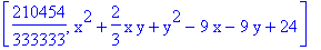 [210454/333333, x^2+2/3*x*y+y^2-9*x-9*y+24]